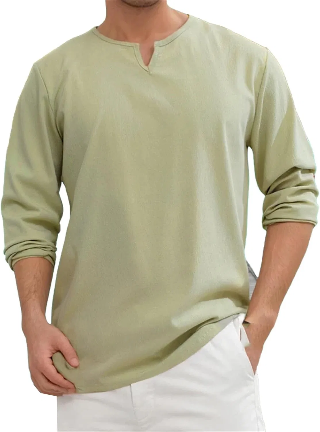 Мужская футболка с V-образным вырезом Solid Color Long-Sleeve T-Shirt, Matcha Color