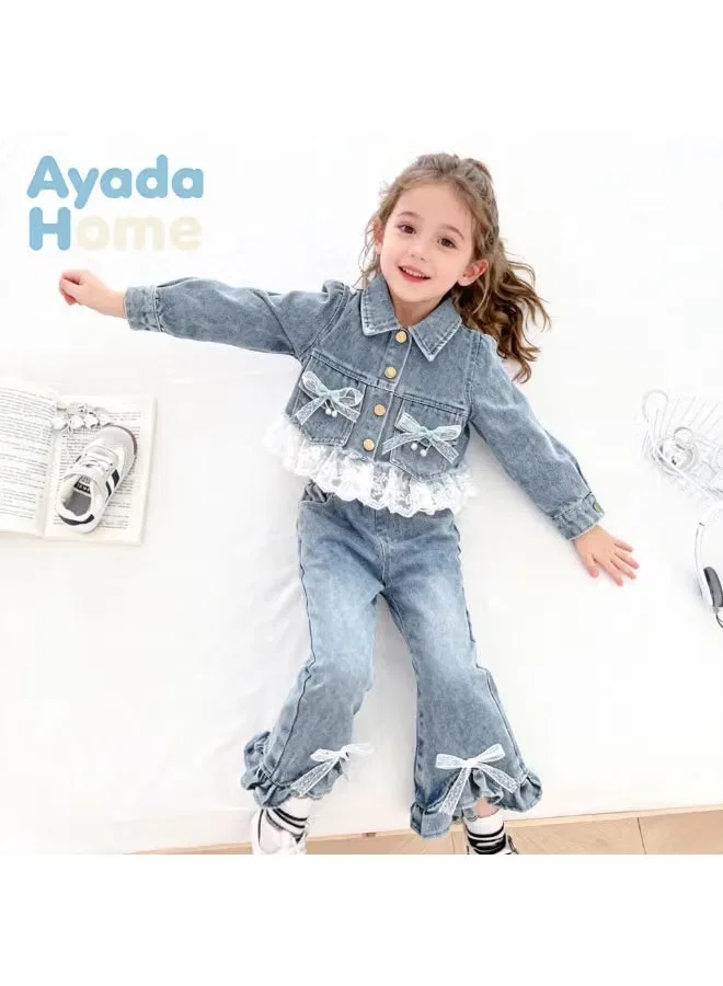 Комплект джинсовой одежды для девочек с кружевом и бантом Ayada Home