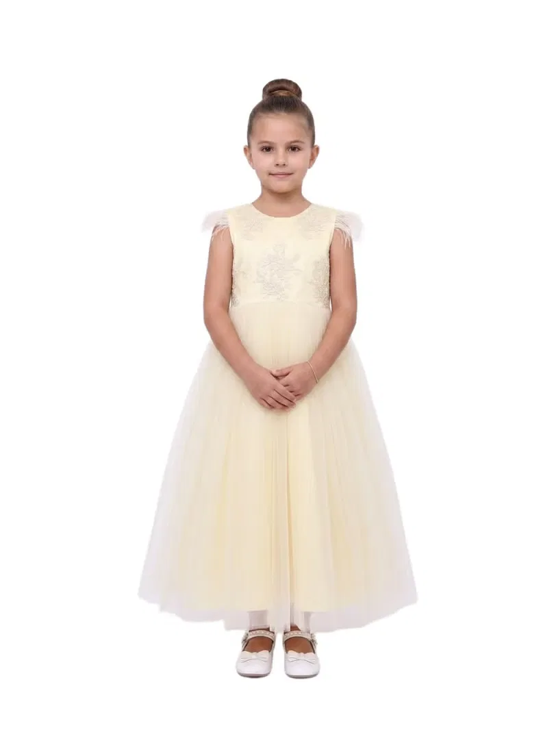 Платье с перьями, модель Party Gown, Bidani, бледно-желтый