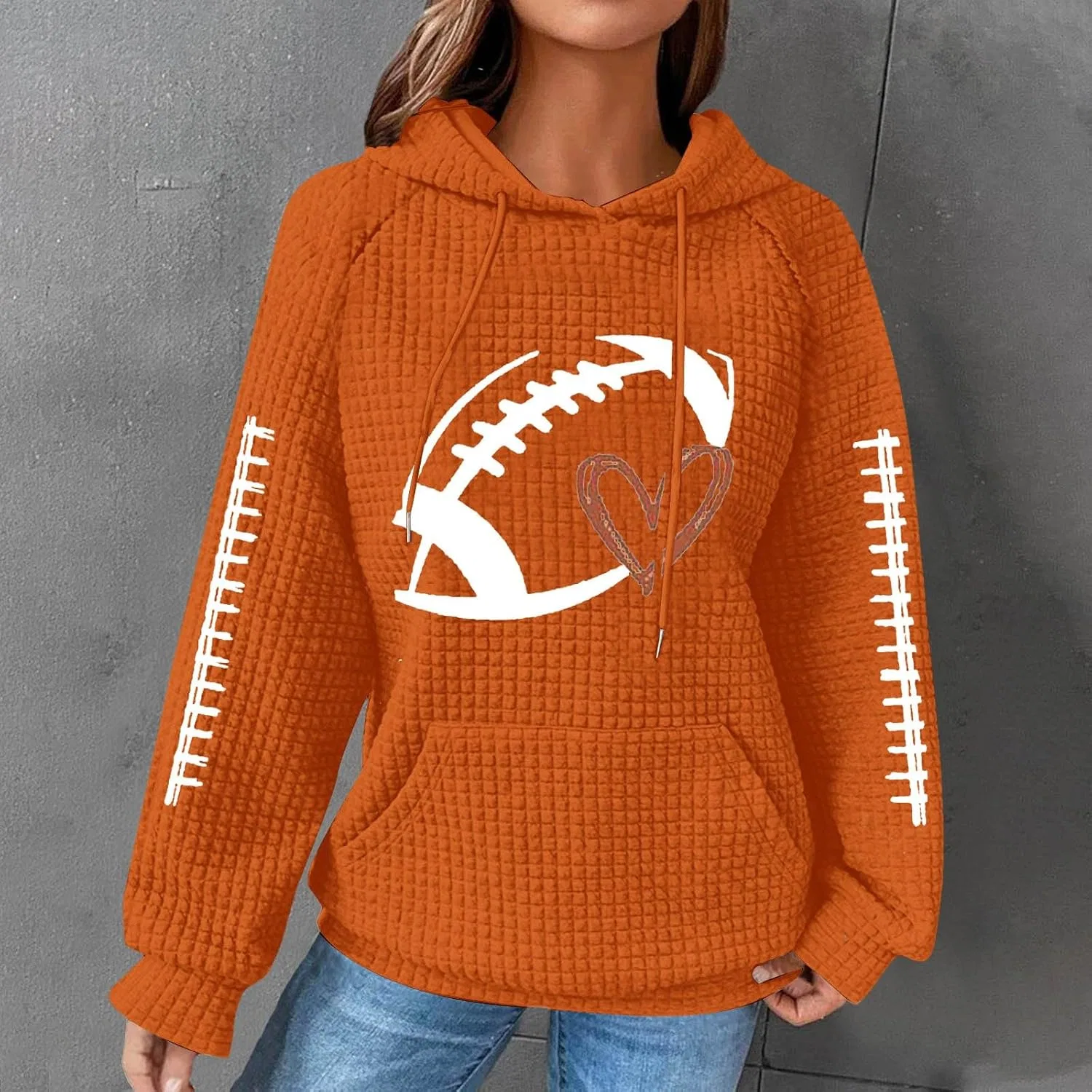 Женский свитшот с капюшоном с принтом, Football Hooded Sweatshirt, Orange-B — фото 2
