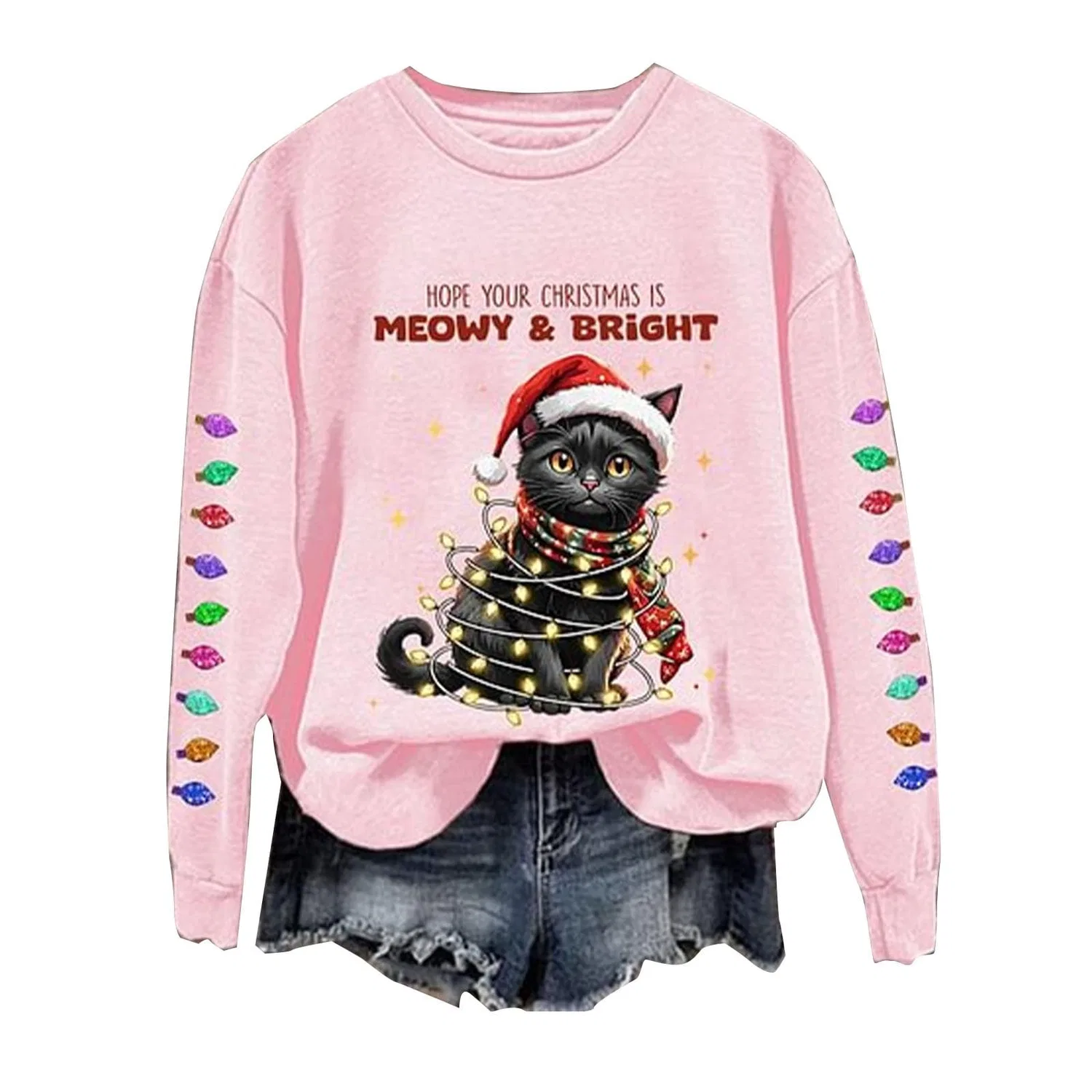Женский свитшот с принтом Christmas Tree Funny Cat Say What Woman Pullover, Z03 Pink