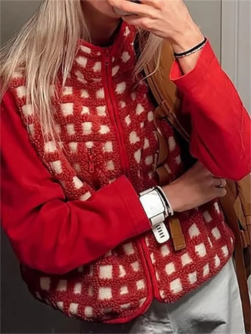 Женский жилет без рукавов в клетку с молнией из полярного флиса, Red — фото 2