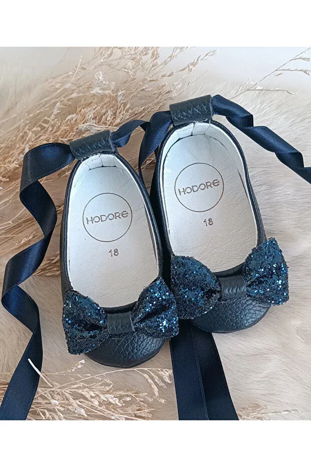 Детские балетки для девочек из натуральной кожи Perla stone navy blue genuine leather baby ballerina shoes Hodore, Navy Blue With Stones — фото 3