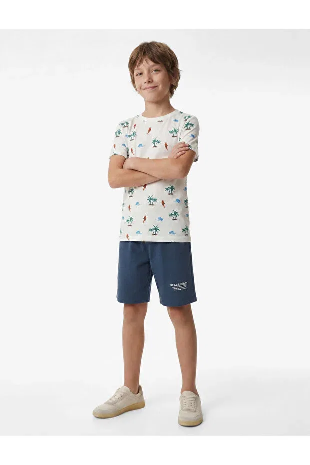 Детская футболка для мальчиков с принтом Palm Printed Short Sleeve Crew Neck Cotton T-Shirt Koton, White Patterned — фото 3