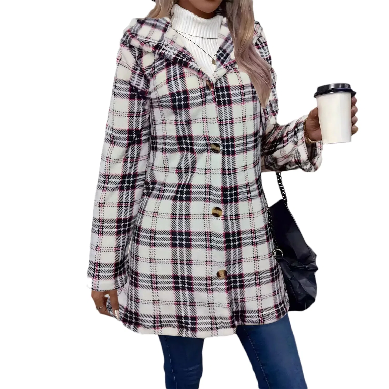 Женское пальто из шерпы с капюшоном, Plaid bianco e nero