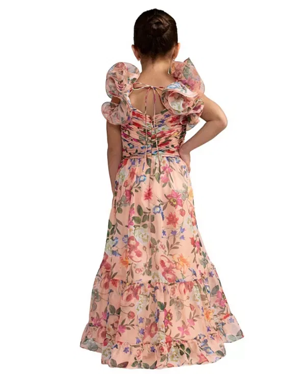 Детское платье для девочек с принтом Floral Chiffon Ruffle Shoulder Dress Mac DUGGal, Pink Multi — фото 2