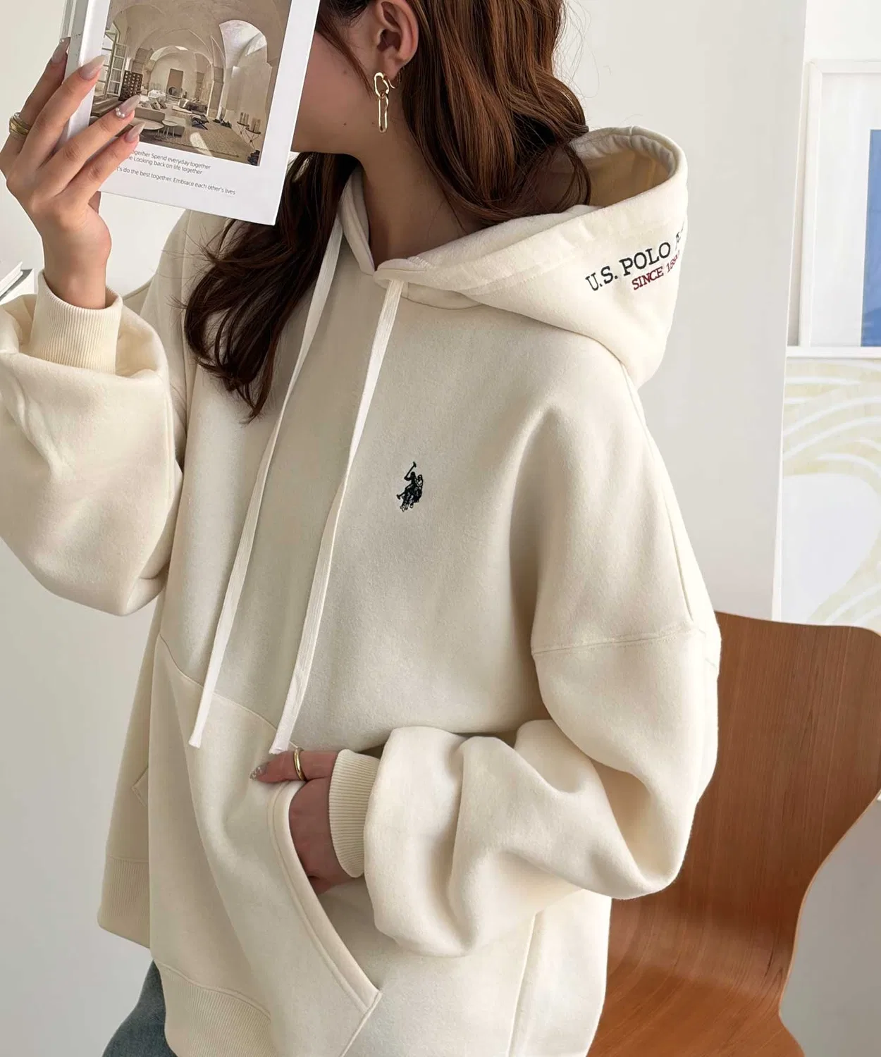Женский худи с вышивкой на капюшоне, оверсайз, модель U.S. POLO ASSN., Ivory