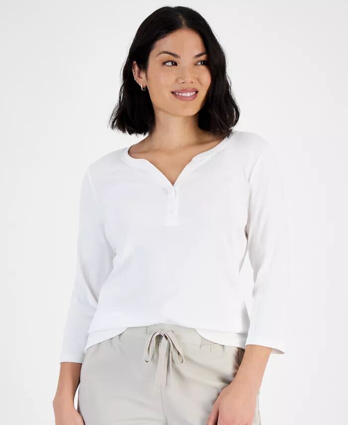 

Миниатюрный хлопковый вязаный топ Henley с рукавами 3/4 Style & Co, белый