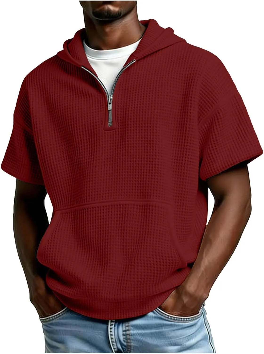 

Толстовка с капюшоном Waffle Knit для мужчин, 1/4 Zip Up, с карманами Kangaroo