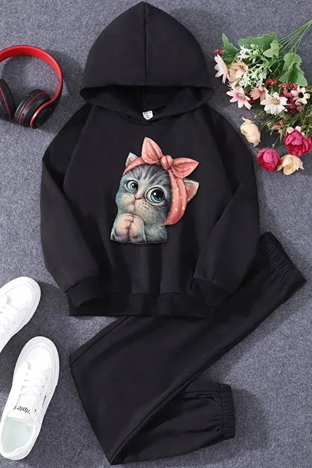 Детский спортивный костюм для девочек с принтом Children'S cute cat tracksuit set Modarama, Black