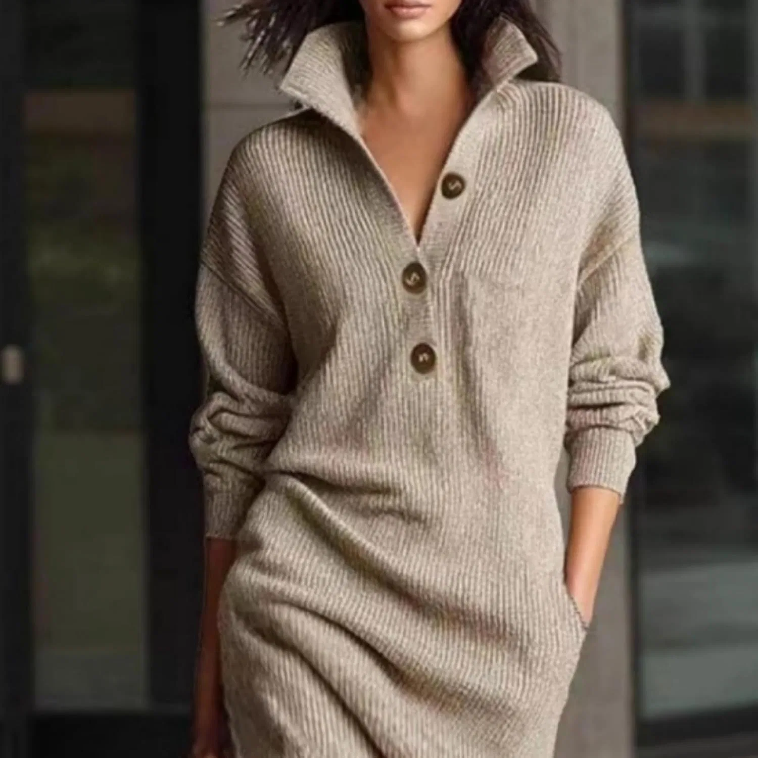 Женское свободное платье-свитер с воротником-стойкой Generic, Khaki — фото 3