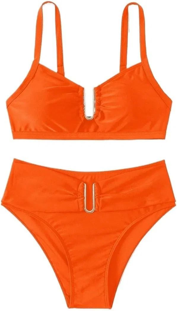 Женский бикини-сет с высокой талией, сплошной цвет, Orange — фото 2