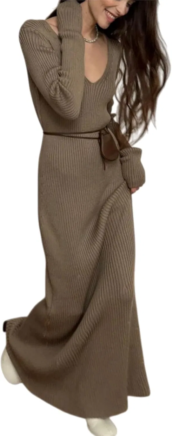 Женское облегающее платье миди с поясом Half Turtleneck V-Neck, Brown