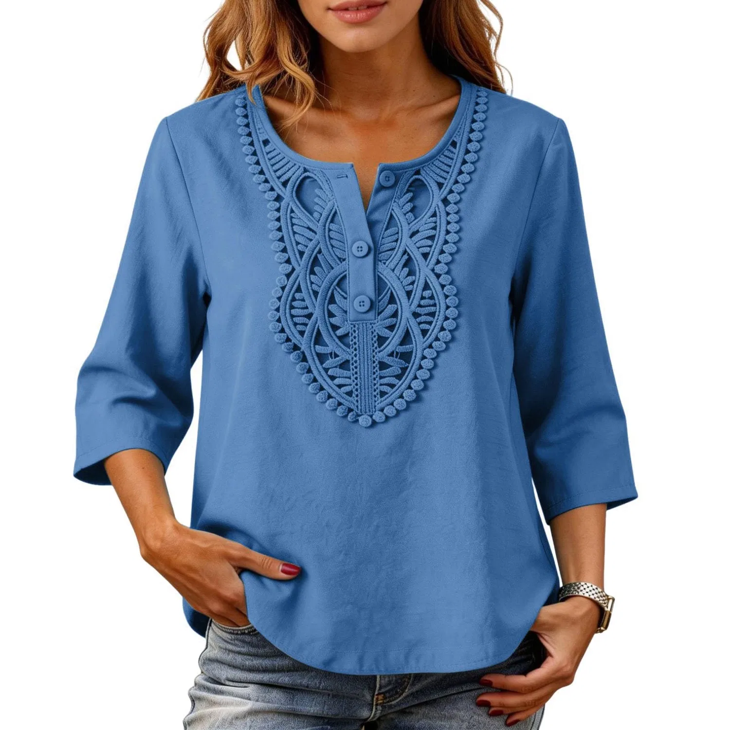 Женская льняная туника с вышивкой Retro 3/4 Sleeve Boho Casual Loose Fit Lightweight Summer Beach Blouse, A-blue — фото 2