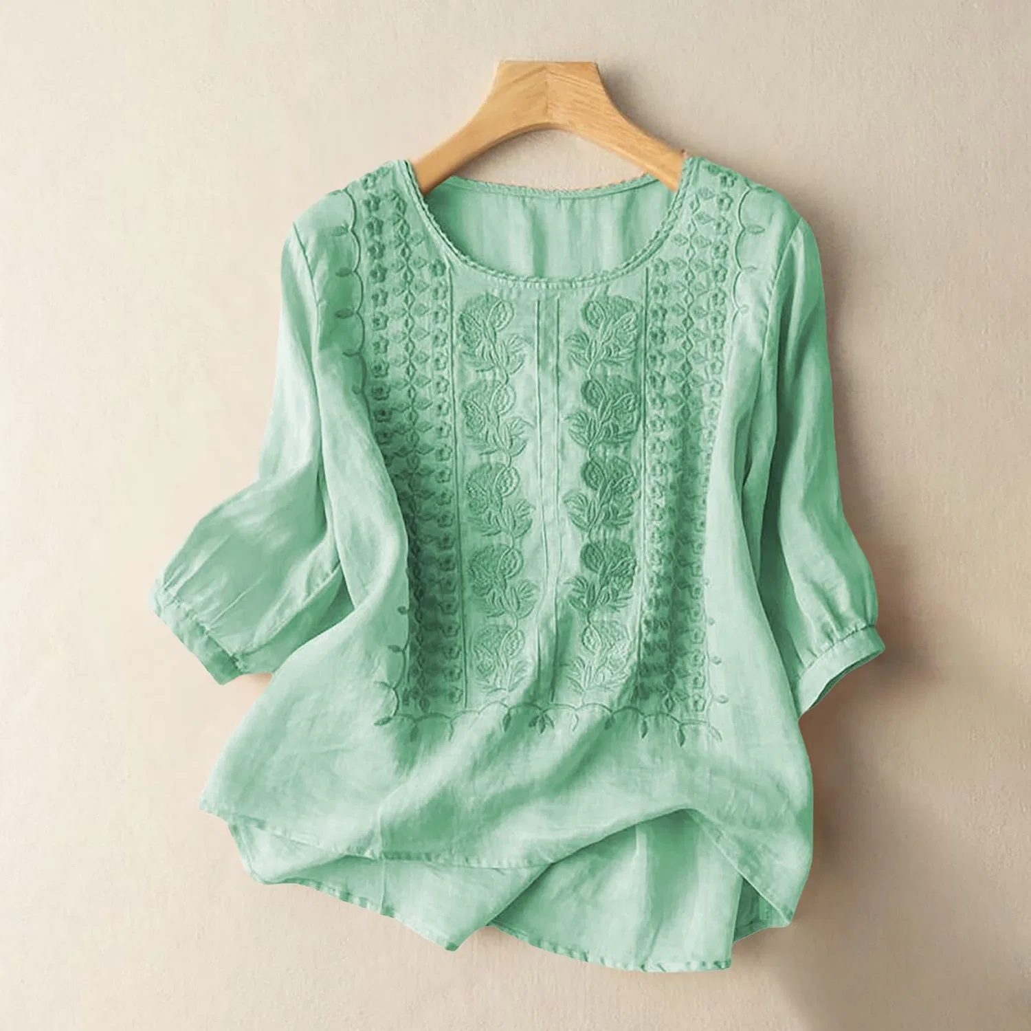 Женская блуза с принтом Women Linen Shirt 3/4 Sleeves Casual Vintage Floral Embroidery Print Chinese Shirts Summer Boho Tops Comfortable Blouses for Women, Z03-mint Green — фото 3