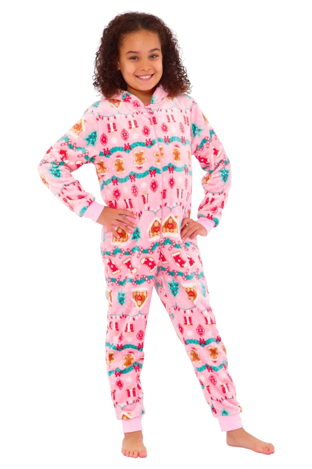 Детский флисовый комбинезон с принтом Festive Gingerbread, Cozy N Dozy, Pink