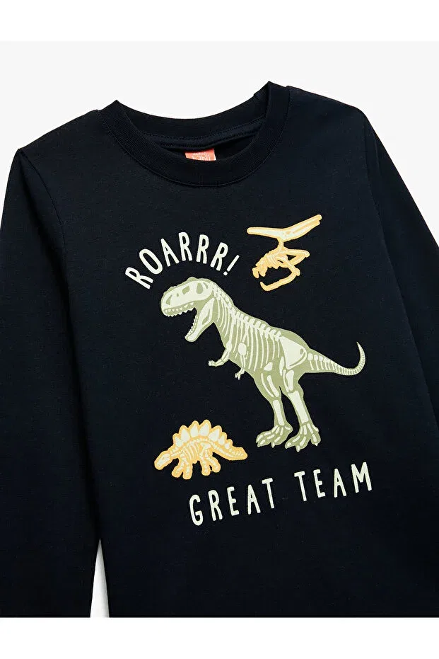 Детская футболка для мальчиков с принтом Dinosaur Printed Long Sleeve Crew Neck Cotton T-Shirt Koton, Navy Blue — фото 3
