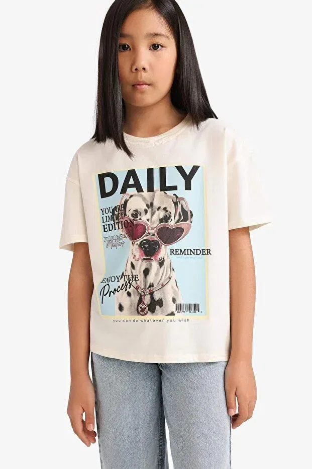 Детская футболка для девочек хлопковая с принтом Relax Fit Crew Neck Printed Short Sleeve T-Shirt Defacto, Ecru-Er2384 — фото 3