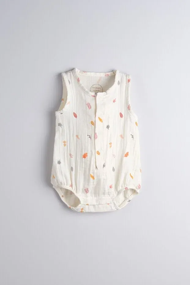 Детское боди для новорожденных без рукавов Leaf Printed Muslin Fabric 100% Cotton Baby And Children's Bodysuit Bondberro, Renkli Yaprak