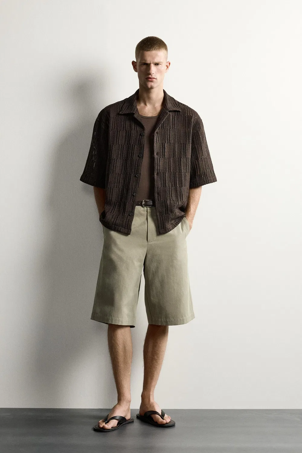 Рубашка свободного кроя из трикотажа открытой вязки ZARA, Brown