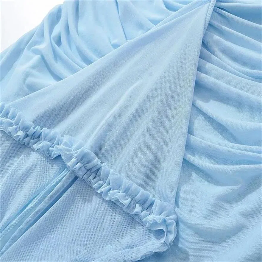 Женское асимметричное миди-платье с воланами и сеткой Asymmetrical Midi Dress, Sky Blue — фото 2