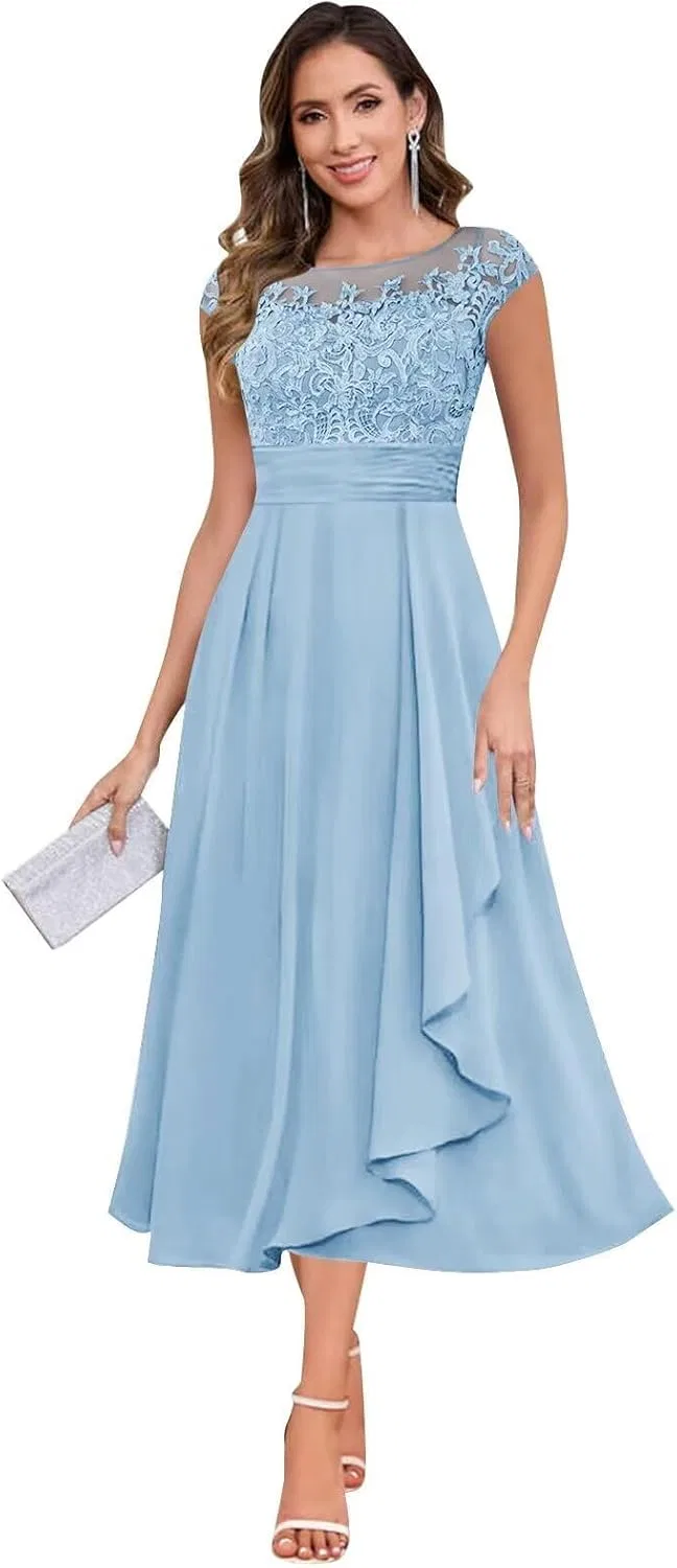 Женское платье для матери невесты с кружевными аппликациями YH88, Light Blue