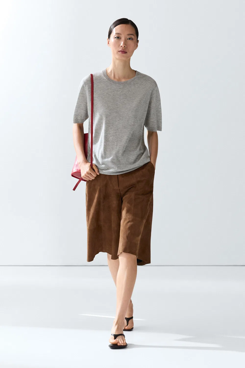 Свитер Massimo Dutti, с короткими рукавами, из тонкой вязки, серый меланж