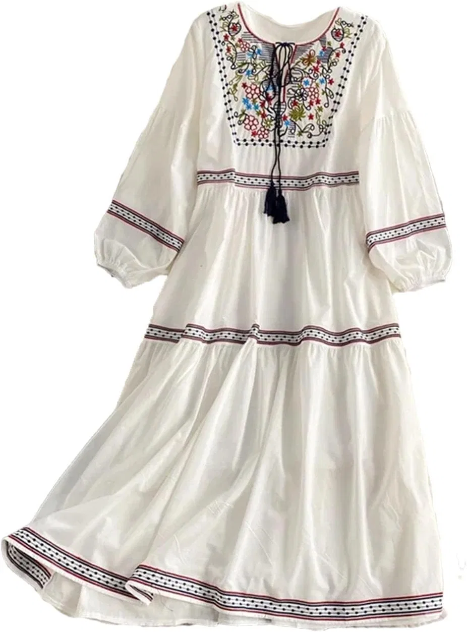 Женское платье миди с этнической вышивкой, White