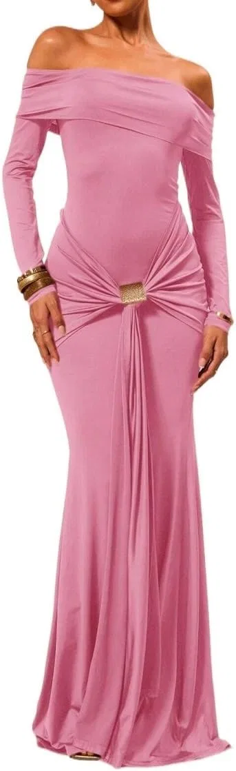 Женское макси-платье с открытыми плечами Slimming Fit, Pink