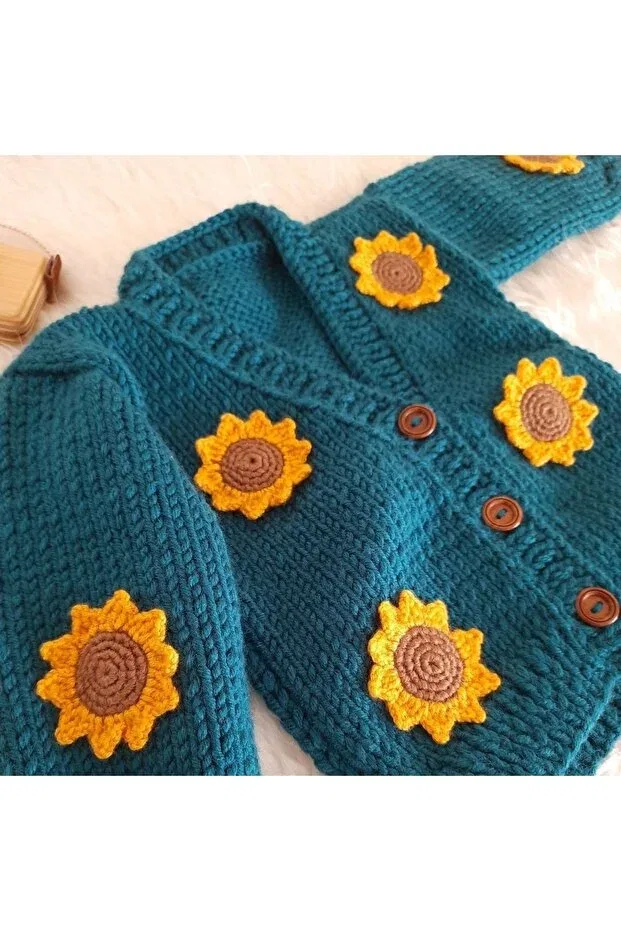 Детский кардиган с принтом Sunflower crop cardigan - hand knitted cardigan Kanguby, Oil Blue — фото 2
