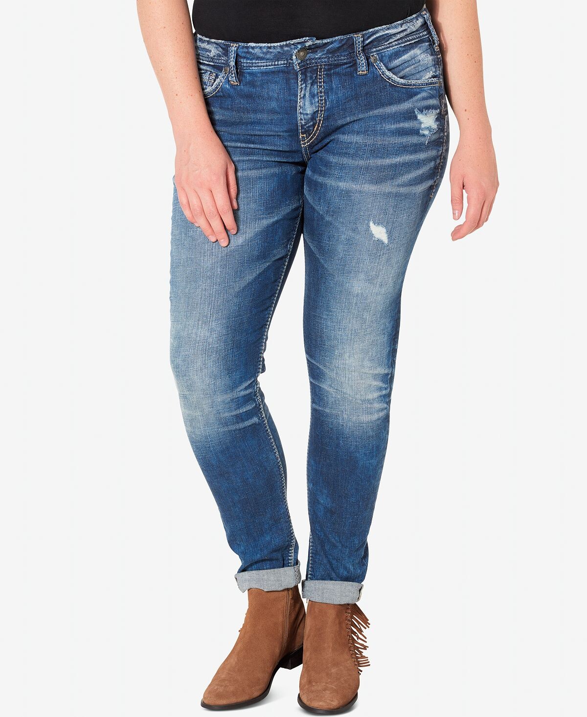 

Плюс размер выстиранные рваные джинсы girlfriend цвета индиго Silver Jeans Co.