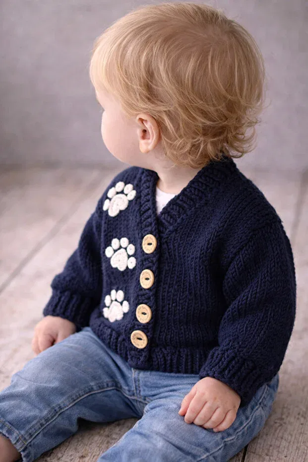 Детский кардиган для мальчиков с принтом Hand knitted paw patterned navy blue color baby boy cardigan Seraskids, Navy Blue