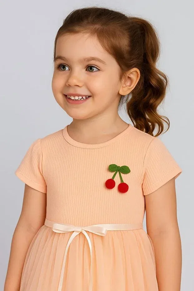 Детское платье для девочек с принтом Cherry Short Sleeve Tutu Lined Dress Dinamik Çocuk, Somon — фото 3