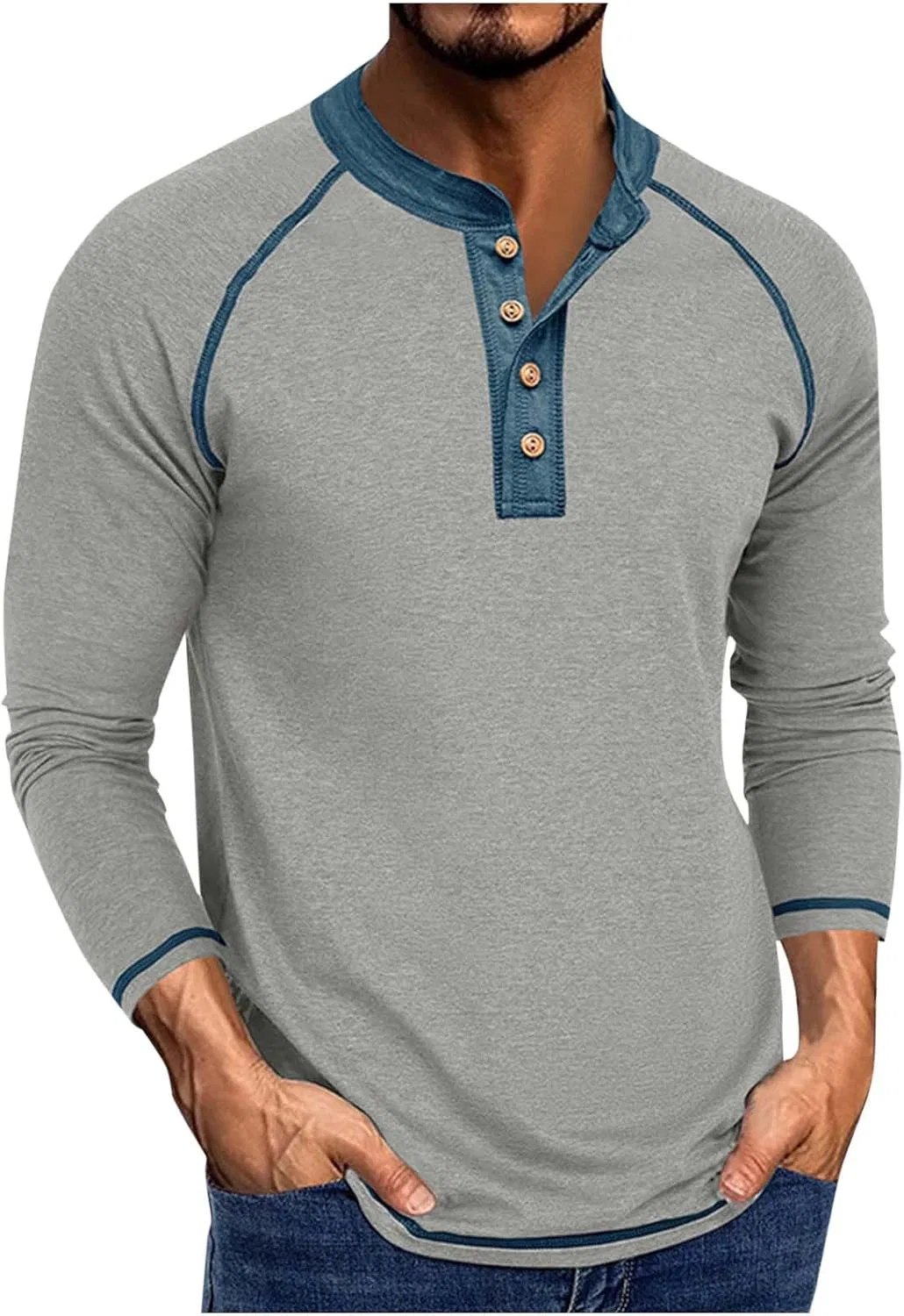 Мужская футболка с длинным рукавом хенли, полукардиган, Solid Color, Gray