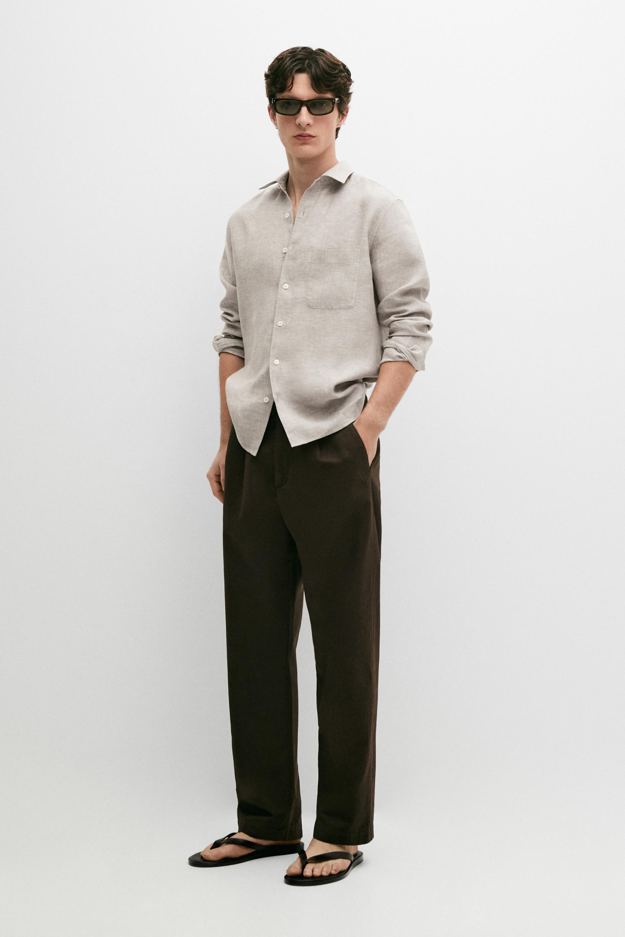 Брюки Massimo Dutti Straight-leg Linen And Cotton With Darts, коричневый — фото 2