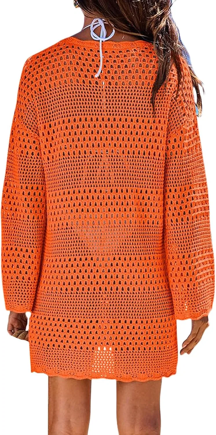 Женская вязаная накидка для купальника с длинным рукавом, Orange — фото 2