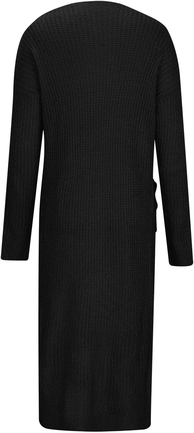 Женский длинный кардиган макси кружевной вязаный открытый, Black — фото 2