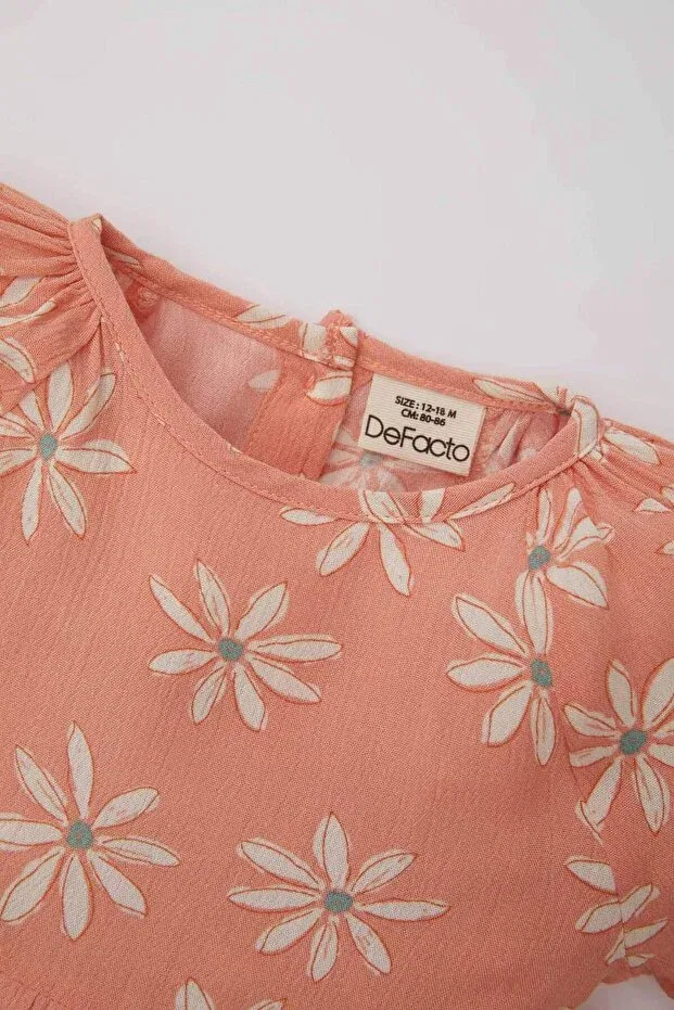 Детское платье для девочек с принтом Floral Short Sleeve Crinkle Viscose Dress Defacto, Orange — фото 2