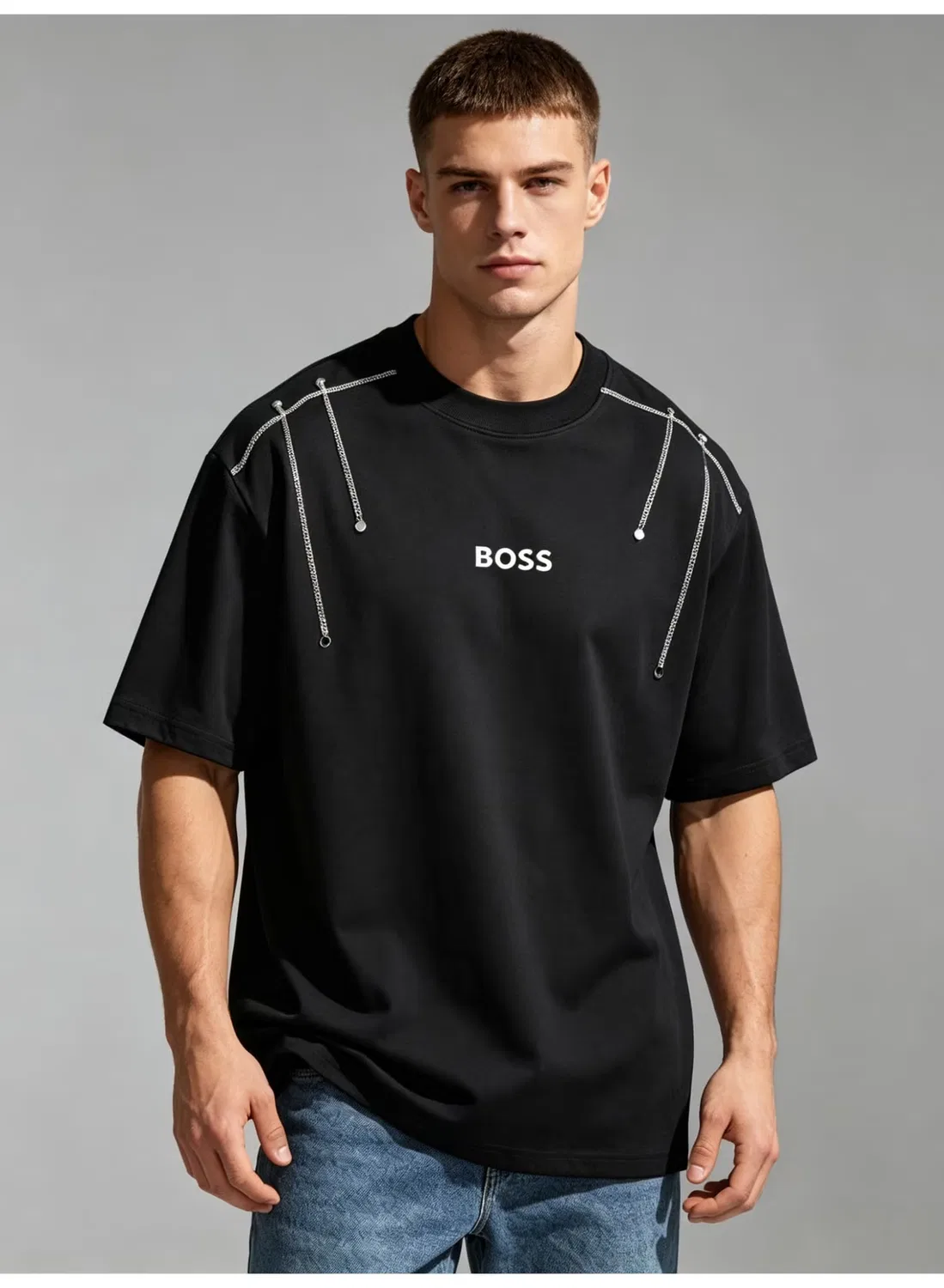 Boss Футболка оверсайз с цепочкой на плече унисекс, черная