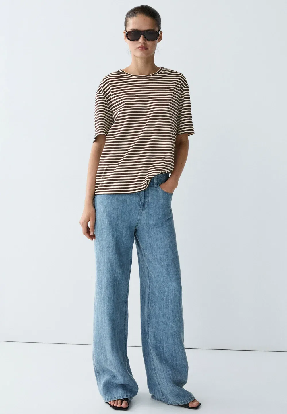 Футболка с коротким рукавом в полоску из 100% хлопка - футболка с принтом Massimo Dutti, Mottled Dark Brown — фото 2