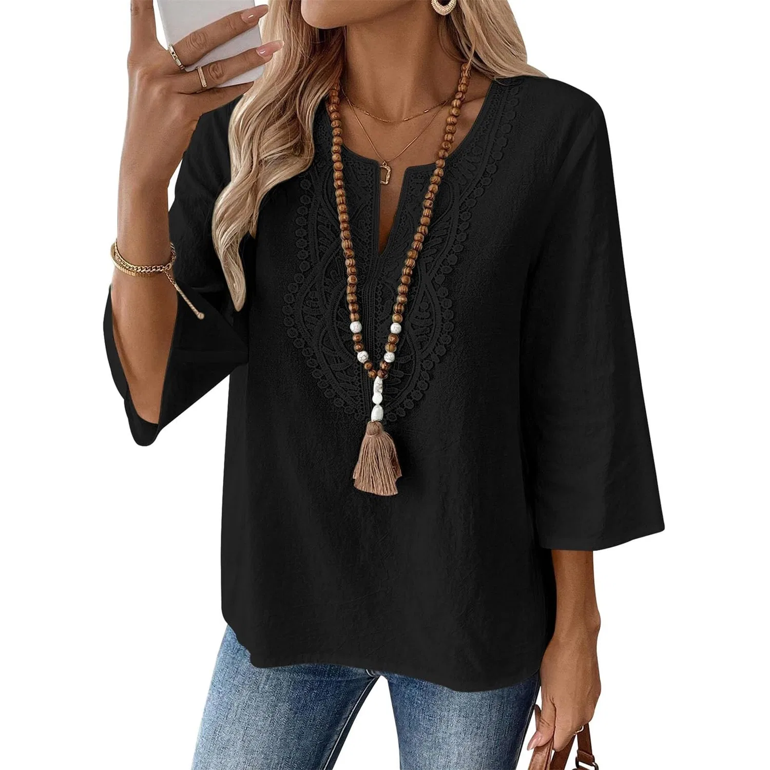 Женская льняная туника с вышивкой Retro 3/4 Sleeve Boho Casual Loose Fit Lightweight Summer Beach Blouse, D-black