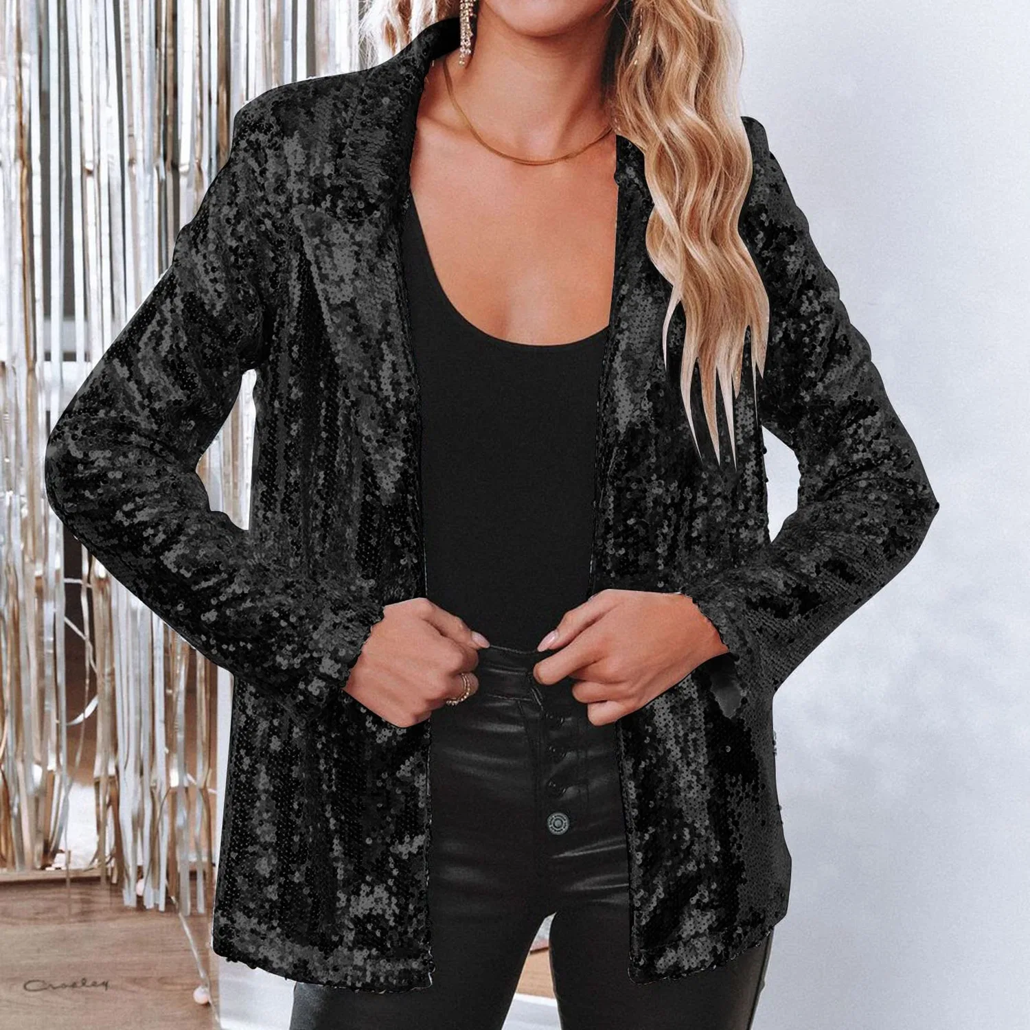 Женское зимнее пальто с пайетками Women Warm Winter Coats Casual Long Sleeve Glitter Party Shiny Lapel Outerwear Women Long Open Front Coat, Nero — фото 3