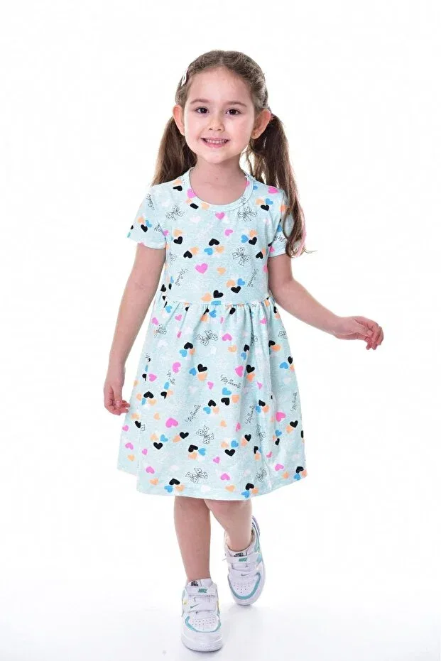Детское платье для девочек с принтом Summer short sleeve heart printed girl's dress Buufuu, Green — фото 2