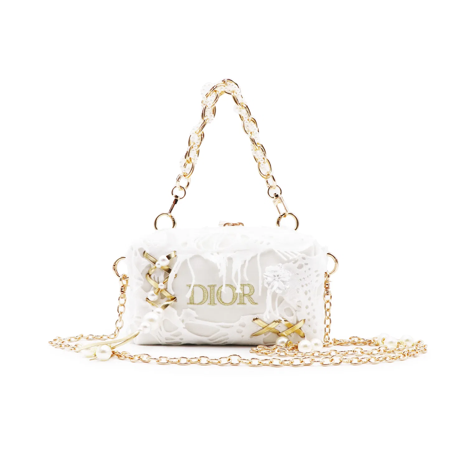 Женская косметичка с металлической цепью, модель Amsterdam Love Letter, DIOR, White Gold — фото 2