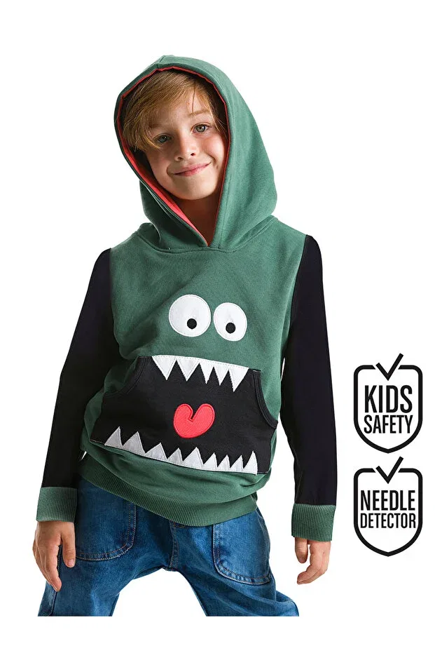 Детское худи для мальчиков с принтом Gluttonous Hooded Kangaroo Pocket Denokids, Green