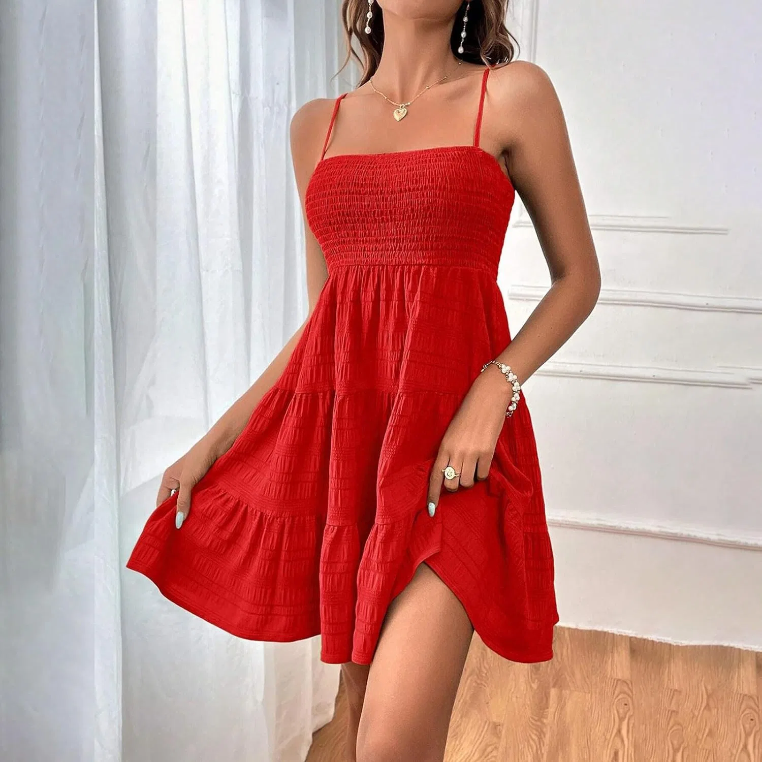 Женское летнее платье с квадратным вырезом на бретелях Smocked, Red — фото 2