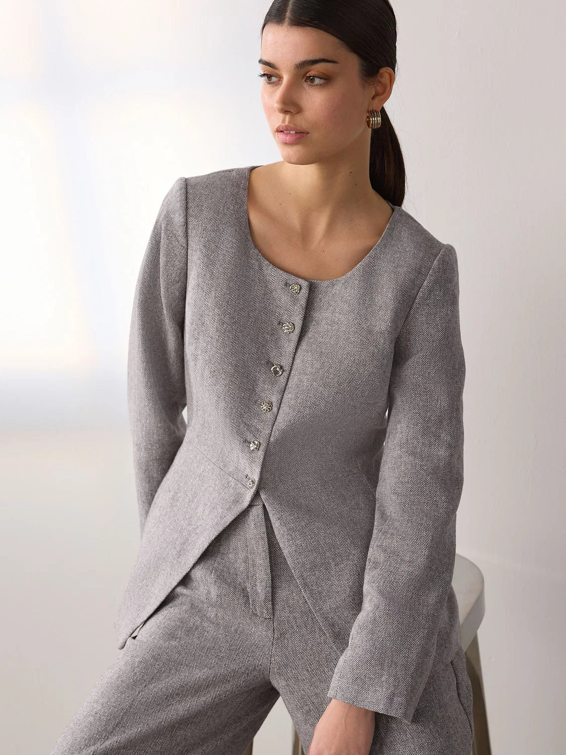 Жакет без воротника из льна с добавлением хлопка, модель Herringbone Next, цвет Mole