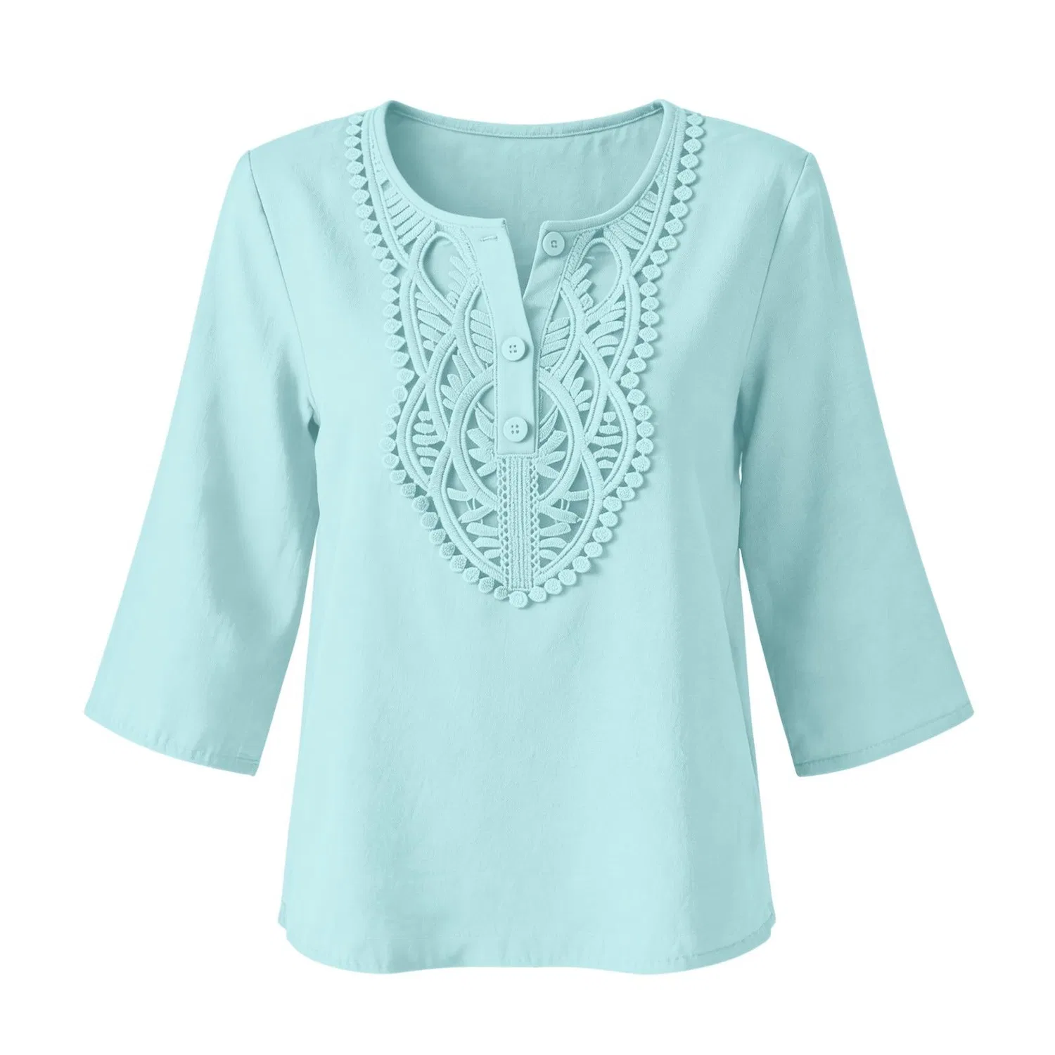 Женская льняная туника с вышивкой Retro 3/4 Sleeve Boho Casual Loose Fit Lightweight Summer Beach Blouse, A-light Blue — фото 4
