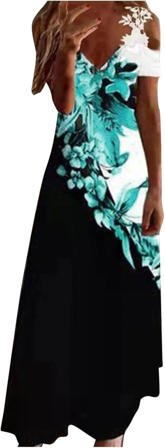 Женское макси-платье с кружевными бретелями V-образным вырезом Floral, Blue