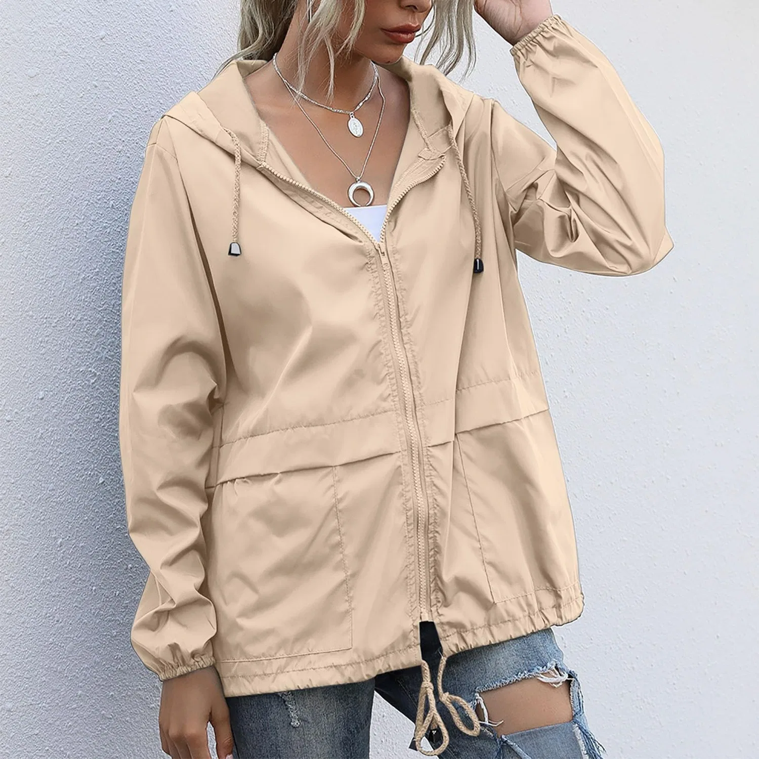 Женское пальто с длинным рукавом, однотонное, с широкими карманами, Beige — фото 2